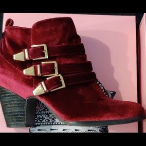 Red Velvet Buckle Booties, Size 9